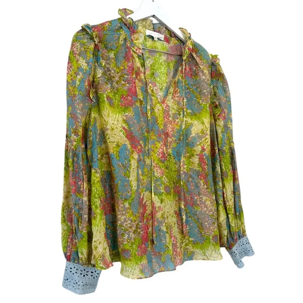 LoveShackFancy Floral Ruffle Blouse Cotton Silk Sheer Romantic Top Size Large